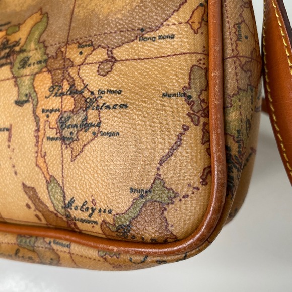 Alviero Martini 1a Classe Geo Map Baguette Shoulder Bag Tan Leather Trim Italian